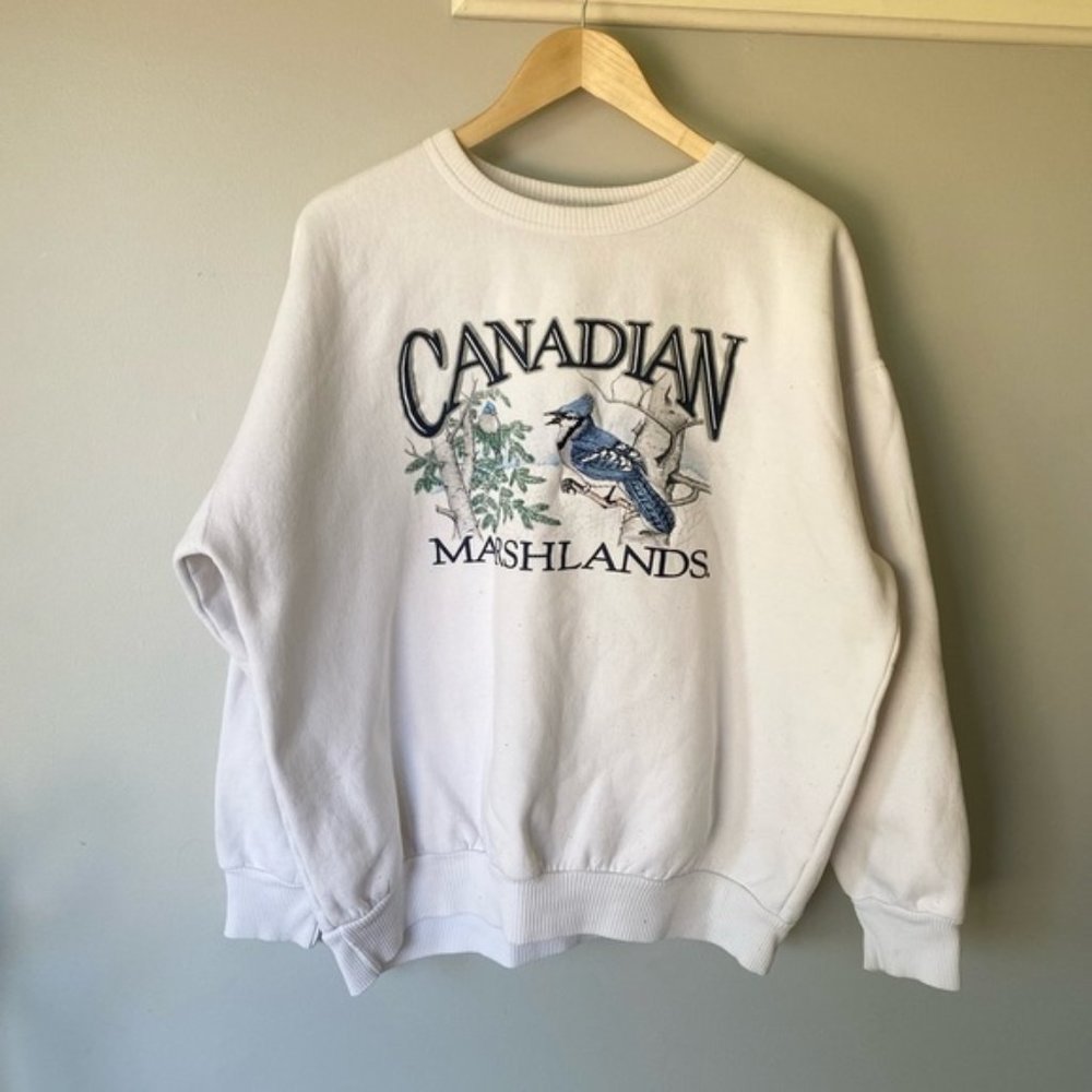 VINTAGE white crew neck cotton blend sweater white bird design Sz XL